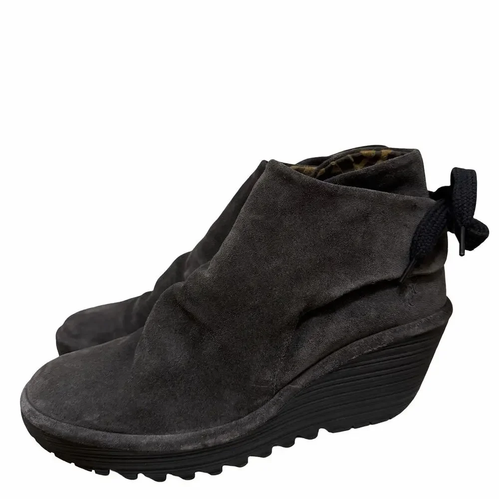 Fly London Womens Yebi Suede Ruched Wedge‎ Ankle Boots EU 41 US 10 Charcoal MINT